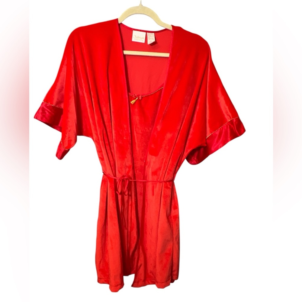 Vintage 90's Red Satin Velvet Robe and Nightie 2 Piece Set Size S Glam Old Money